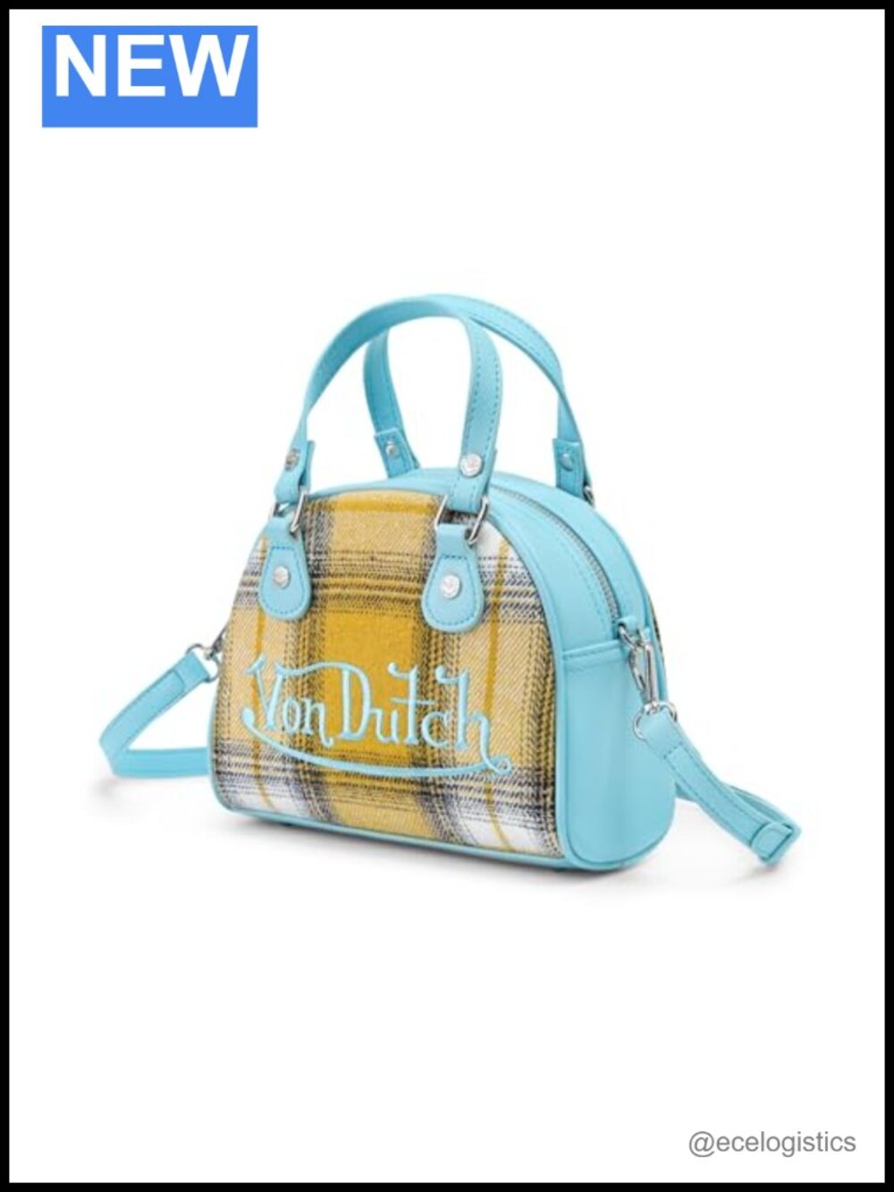 Vegan Leather Plaid Mini Bowling Bag Crossbody with Top Handles